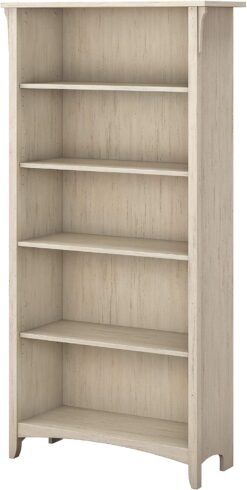 Bush Furniture Salinas Tall 5 Shelf Bookcase in Antique White Distressed Style Book Case Bookshelf for Bedroom, Living Room & Pantry Tall Bookcase Book Shelf for Bedroom