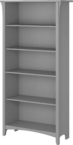 Bush Furniture Salinas Tall 5 Shelf Bookcase in Cape Cod Gray Distressed Style Modern Farmhouse Bookshelf for Living Room and Home Office