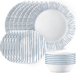 Corelle 18-Piece Dinnerware Set, Service for 6, Lightweight Round Plates and Bowls Set, Vitrelle Triple Layer Glass, Chip Resistant, Microwave and Dishwasher Safe, Nautical Stripes