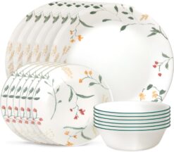 Corelle Vitrelle 18 Piece Glass Dinnerware Sets, Service for 6, Triple Layer Chip & Crack Resistant Glass Plate and Bowl Sets, Wildflower