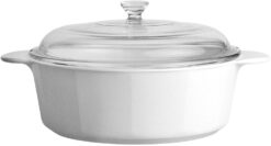 CorningWare Glass-Ceramic Pyroceram Round Classic Casserole, 2.4 Quart / 2.25 Liter Cooking Pot with Handles & Glass Cover - White (Medium)
