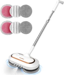 Electric Mop, AlfaBot S2 Cordless Spin Mop for Floor Cleaning, with LED Headlight and Sprayer/400ML Big Tank/60 Mins Runtime, Lightweight Floor Scrubber for Hardwood Tile Floors