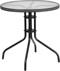 Flash Furniture Barker 28'' Round Tempered Glass Metal Table with Gray Rattan Edging