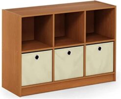 Furinno Basic 3x2 Bookcase Storage w/Bins, Light Cherry/Ivory