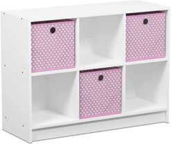 Furinno Basic 3x2 Cube Storage Bookcase Organizer with Bins, White/Light Pink