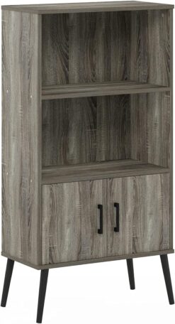 Furinno Claude Mid Century Style Accent Wooden Leg Bookcase Cabinet with Storage Organizer Shelves, French Oak Grey