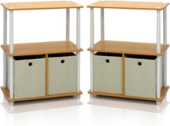 Furinno Go Green 3-Tier 2-Bin Multi-Purpose Storage Shelf (Set of 2), Beech