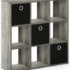 Furinno Simplistic 9-Cube Organizer with Bins, Small Size (Assembled unit dimensions : 7.9"D x 26.5"W x 26.7"H inches), French Oak/Black