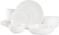 Gibson Home Gracious Dining Double Bowl Porcelain Chip and Scratch Resistant Dinnerware Set, Service for 4 (16pcs), White (Coupe)