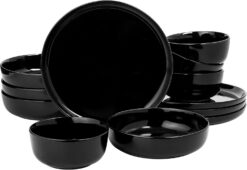 Gibson Home Oslo 12-Piece Porcelain Chip and Scratch Resistant Dinnerware Set, Black,Service for 4