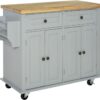 HOMCOM Kitchen Island on Wheels, Rolling Cart with Rubberwood Top, Spice Rack, Towel Rack and Drawers for Dining Room, Grey