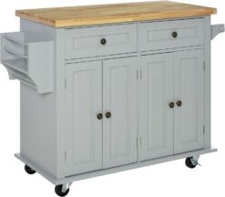 HOMCOM Kitchen Island on Wheels, Rolling Cart with Rubberwood Top, Spice Rack, Towel Rack and Drawers for Dining Room, Grey