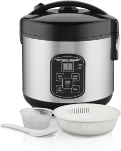 Hamilton Beach Digital Programmable Rice Cooker & Food Steamer, 8 Cups Cooked (4 Uncooked), With Steam & Rinse Basket, Stainless Steel (37518)