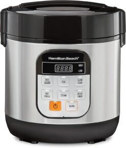 Hamilton Beach Digital Programmable Rice Cooker & Food Steamer, with Slow Hard-Boiled Egg Functions, Egg/Steam Tray, Small & Compact, 6 Cups Cooked (3 Uncooked), Stainless Steel (37524)