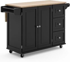 Homestyles Dolly Madison Kitchen Cart with Wood Top and Drop Leaf Breakfast Bar, Rolling Mobile Kitchen Island with Storage and Towel Rack, 54 Inch Width, Black
