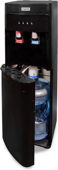 Igloo Hot and Cold Water Cooler Dispenser - Holds 3 & 5 Gallon Bottles, 2 Temperature Spouts with Dispensing Paddles, No Lift Bottom Loading, Child Safety Lock - Black
