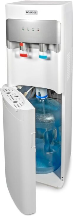 Igloo Hot and Cold Water Cooler Dispenser - Holds 3 & 5 Gallon Bottles, 2 Temperature Spouts with Dispensing Paddles, No Lift Bottom Loading, Child Safety Lock - White