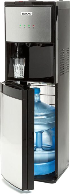 Igloo Stainless Steel Hot, Cold & Room Water Cooler Dispenser, Holds 3 & 5 Gallon Bottles, 3 Temperature Spouts, No Lift Bottom Loading, Child Safety Lock, Black/Stainless