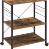 Mr IRONSTONE Baker's Rack, Kitchen Microwave Cart, Coffee Bar Table Station, 3-Tier Kitchen Utility Storage Shelf with Rolling Wheels Coffee Cart Kitchen Microwave Stand with 10 Hooks, Rustic Brown