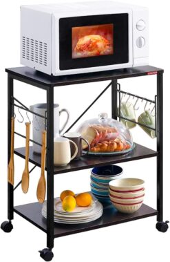 Mr IRONSTONE Kitchen Stand Microwave Cart 23.7'' for Small Space, Coffee Bar Table 3-Tier Rolling Utility Microwave Stand on Wheels, Coffee Cart with Storage Bakers Rack, Black Board+Black Metal Frame