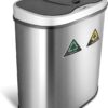 NINESTARS Automatic Touchless Infrared Motion Sensor Trash Can/Recycler with D Shape Silver/Black Lid & Stainless Base, 18 Gal, Stainless Steel