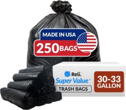 Reli. 30-33 Gallon Trash Bags Heavy Duty | 250 Bags Bulk | Black Large Trash Bags 30+, 32 Gallon | Made in USA
