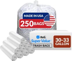 Reli. 30-33 Gallon Trash Bags Heavy Duty | 250 Bags Bulk | Clear Large Trash Bags 30+, 32 Gallon | Made in USA