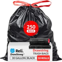 Reli. 30 Gallon Trash Bags Drawstring | 250 Count Bulk | Black | 30 Gallon Garbage Bags Heavy Duty | Large