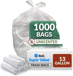 Reli. SuperValue 13 Gallon Trash Bags | 1000 Count Bulk | Tall Kitchen | Can Liners | Clear Multi-Use Garbage Bags