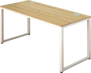 SHW Home Office 55-Inch Large Computer Desk, 24" Deep, White Frame with Oak Top