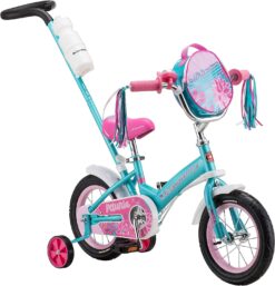 Schwinn Grit and Petunia Push Steer and Ride Kids Bike, For Boys & Girls Ages 2-4 Year Old, Rider Height 28-38 Inch, 12-Inch Wheels, Training Wheels, Detachable Push Handle with Water Bottle & Holder