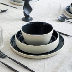Stone Lain Elica 12-Piece Dinnerware Set Stoneware, Plates and Bowl Set, Black and Beige