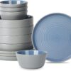 Stone Lain Elica 12-Piece Dinnerware Set Stoneware, Plates and Bowl Set, Blue and Grey
