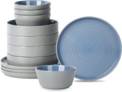 Stone Lain Elica 12-Piece Dinnerware Set Stoneware, Plates and Bowl Set, Blue and Grey