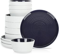 Stone Lain Elica Stoneware Dinnerware Set, Service for 4-12 Pieces, Navy and White