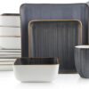Stone Lain Esmeralda Porcelain Dinnerware Set, Service for 4, 16 Pieces Square Grey Brushed Design