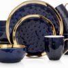 Stone Lain Porcelain 16 Piece Dinnerware Set, Service for 4, Blue and Golden Rim, Dark Blue