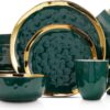 Stone Lain Porcelain 16 Piece Dinnerware Set, Service for 4, Green and Golden Rim