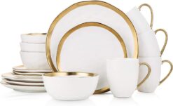 Stone Lain Porcelain (Set of 16 Piece) Dinnerware Set, Service for 4, White and Golden Rim