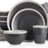 Stone Lain Serenity 16-Piece Stoneware Dinnerware, 2-Tone, Speckles, Dark Gray and Cream