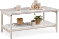 VASAGLE 2-Tier Coffee Table for Living Room, Living Room Table Rectangular Center Table, with PVC Rattan Storage Shelf, Rounded Corners, Easy Assembly, Boho Style, Oatmeal Beige ULCT240K66