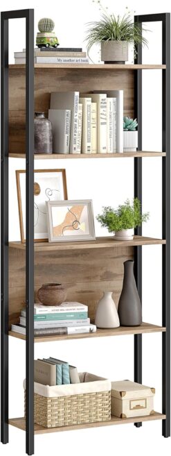 VASAGLE 5-Tier Bookshelf, Book Shelf, Industrial Bookcase, with Steel Frame, for Living Room, Home Office, Bedroom, 9.4 x 24.4 x 65 Inches, Camel Brown and Black ULLS025B50
