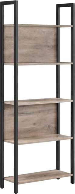 VASAGLE 5-Tier Bookshelf, Book Shelf, Industrial Bookcase, with Steel Frame, for Living Room, Home Office, Bedroom, 9.4 x 24.4 x 65 Inches, Greige and Black ULLS025B02