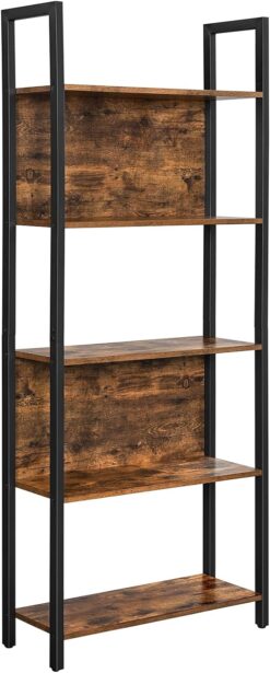 VASAGLE 5-Tier Bookshelf, Book Shelf, Industrial Bookcase, with Steel Frame, for Living Room, Home Office, Bedroom, 9.4 x 24.4 x 65 Inches, Rustic Brown and Black ULLS025B01