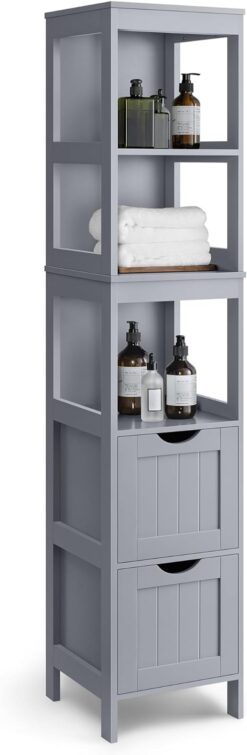 VASAGLE Bathroom Floor Cabinet, Bathroom Storage Organizer Rack Stand, Multifunctional Corner Unit, 2 Drawers, Dove Grey UBBC066G02