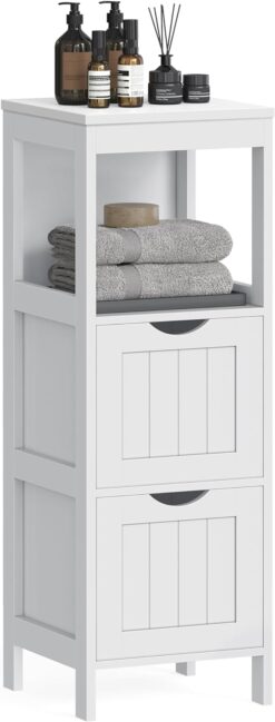 VASAGLE Bathroom Floor Cabinet, Bathroom Storage Organizer Rack Stand, Multifunctional Corner Unit, 2 Drawers, White UBBC42WT