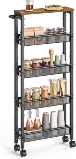 VASAGLE Slim Rolling Cart, 5-Tier Storage Cart, Narrow Cart with Handle, 5.1 Inches Deep, Metal Frame, for Kitchen, Dining Room, Living Room, Home Office, Rustic Brown and Black ULRC034B01