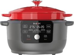Instant 6-Quart 1500W Electric Dutch Oven with Recipe Book - Braise, Slow Cook, Sear, Warm, Red Enameled Cast Iron