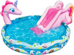 BANZAI Spray 'N Splash Unicorn Pool, Length: 78 in, Width: 60 in, Height: 32 in, Inflatable Outdoor Backyard Water Slide Splash Toy