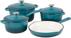 Basque Enameled Cast Iron Cookware Set, 7-Piece Set (Biscay Blue), Nonstick, Oversized Handles, Oven Safe; Skillet, Saucepan, Small Dutch Oven, Large Dutch Oven, 10.25